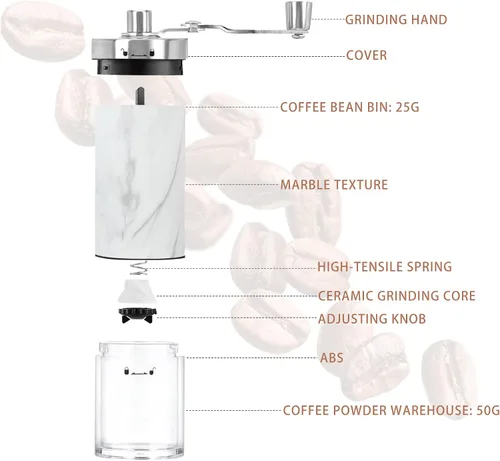 Vista 3 de Molinillo de café manual portátil y visible, molinillo de café de mano con perilla ajustable de cerámica, molinillo de café de acero inoxidable