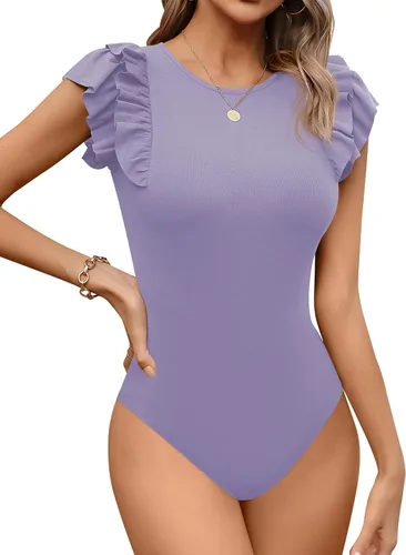 Vista 7 de Missufe Body casual acanalado con mangas con volantes y volantes para mujer