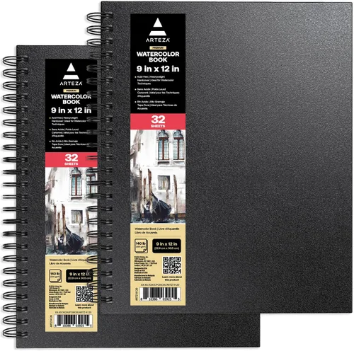 Vista 9 de ARTEZA Juego de cuaderno de bocetos de acuarela, paquete de 3, 64 páginas por libro, 5.5 x 8.5 pulgadas, cuadernos de espiral de tapa dura negra