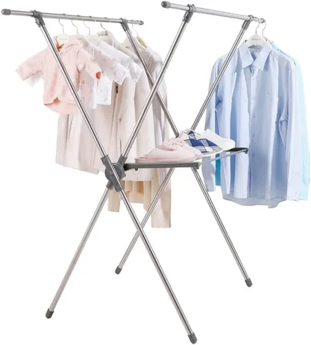 Vista 12 de BAOYOUNI Estante plegable de secado de ropa de acero inoxidable con doble poste, barras expandibles, ahorro de espacio, retráctil, resistente