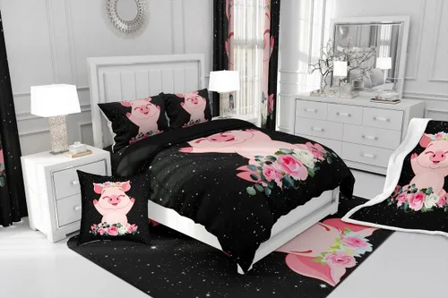 Vista 8 de Erosebridal Juego de edredón de cerdo rosa para niñas, decoración de habitación Kawaii, tamaño individual, relleno de edredón de hojas florales