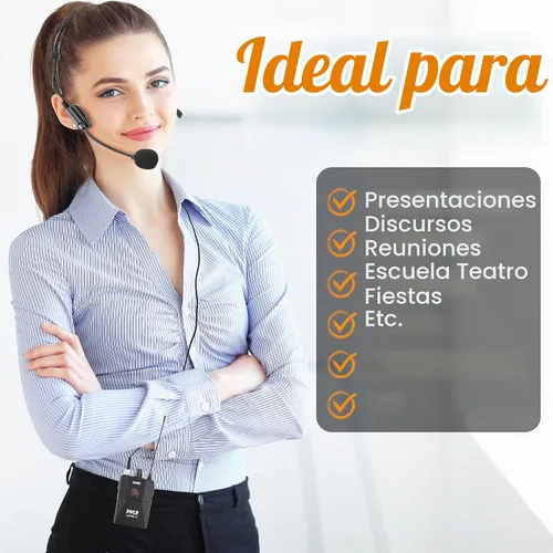 Vista 6 de Kit de sistema de micrófono inalámbrico UHF - Juego de micrófono inalámbrico profesional portátil con micrófono de auriculares, micrófono de solapa