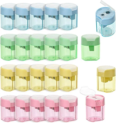 Vista 9 de BOPART - Sacapuntas manuales de colores a granel, 24 sacapuntas de mano pequeños con doble agujero con tapa para niños y adultos en el aula