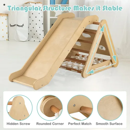 Vista 4 de HONEY JOY Escalador triangular 4 en 1 con rampa, escalera triangular de 3 lados para niños con cuerda de red y barras, juguetes de escalada Natural
