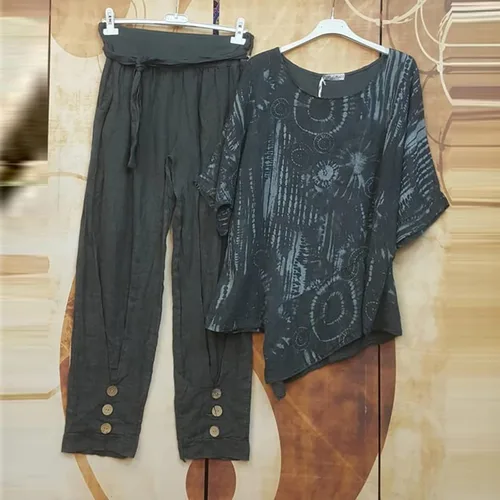 Vista 2 de Napoo Conjunto de 2 piezas para mujer, de algodón, lino, manga enrollable, con estampado y pantalones deportivos elásticos, estilo casual, ajuste