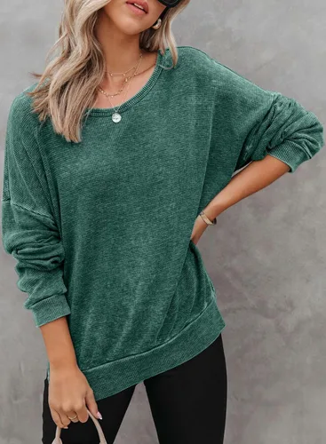 Vista 3 de Dokotoo Sudadera de gran tamaño con cuello redondo para mujer, de manga larga, de punto gofre, aberturas laterales, casual, ligera, color verde