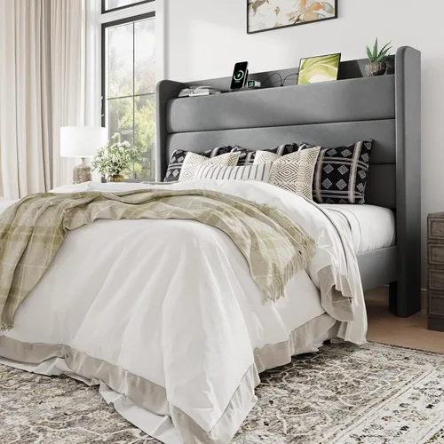 Vista 14 de Allewie Estructura de Cama Tapizada Tamaño Full con Estación de Carga y Cabecera con Almacenamiento, Cama Plataforma de Terciopelo Suave