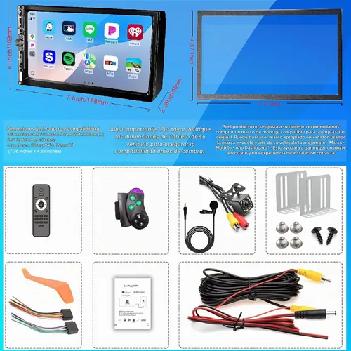 Vista 7 de Estéreo de auto doble DIN de 7 pulgadas con Apple CarPlay Android Auto, radio para automóvil Bluetooth 5.2, pantalla táctil IPS 1024 600, cámara
