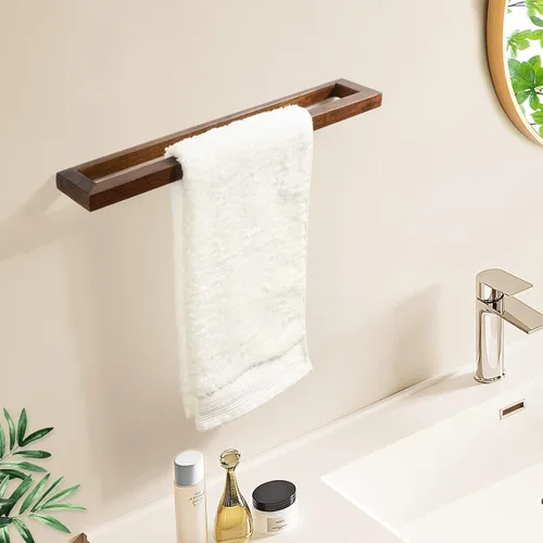 Vista 2 de Toallero montado en la pared, soporte para toallas de mano, toallero de 18 pulgadas para baño, toallero rústico de madera (madera de nogal negro)