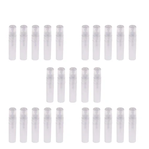 Vista 9 de 150 piezas Mini atomizador de botella de plástico de 0.07 onzas líquidas, botella de perfume recargable, botella de muestra vacía con 2 mini embudos