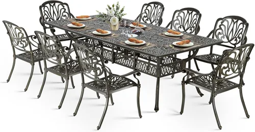 Vista 23 de VIVIJASON Juego de comedor al aire libre de 9 piezas, juego de mesa y sillas de patio de aluminio fundido para 8, incluye mesa rectangular de 94.5