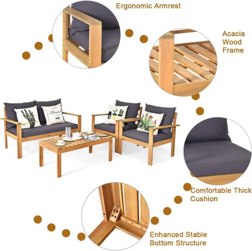 Vista 7 de COSTWAY Juego de 4 sofás de madera de acacia para exteriores, juego de sofá de conversación al aire libre con mesa y cojines, sillas de porche
