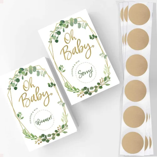 Vista 4 de Juego de rascar para baby shower, verde y dorado, 30 tarjetas y calcomanías