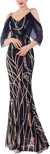 Vista 11 de Vestido de noche de sirena con lentejuelas y hombros descubiertos para mujer Albaricoque plateado