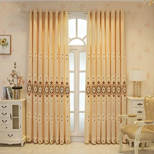 Vista 2 de ELKCA Cortinas bordadas de jacquard para dormitorio, cortinas beige de lujo para sala de estar, ojales superiores, 2 paneles