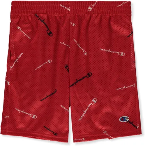 Vista 2 de Champion Pantalones cortos de malla AOP Tossed Script para niños grandes (rojo escarlata), Rojo escarlata