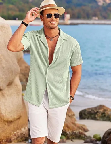Vista 3 de COOFANDY Camisas casuales con botones para hombre, de manga corta, ajuste regular, a la moda, para campamento y playa