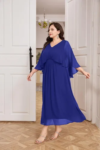 Vista 9 de Hanna Nikole Vestido de fiesta de noche de gasa con cuello en V para mujer, talla grande, manga capa, maxi vestidos para invitados de boda
