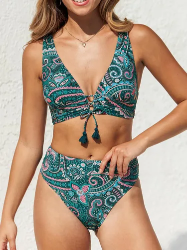 Vista 3 de CUPSHE Conjunto de bikini para mujer con cuello en V profundo con cordones en la parte delantera de cintura alta
