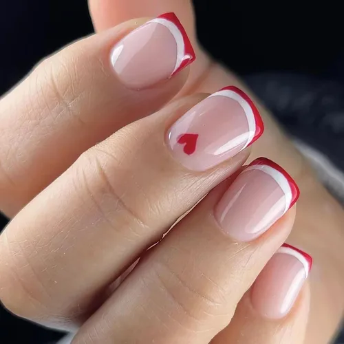 Vista 26 de Uñas postizas a presión para San Valentín, uñas postizas cortas cuadradas MABKJLF nude con diseños de labios, cobertura completa, pegamento