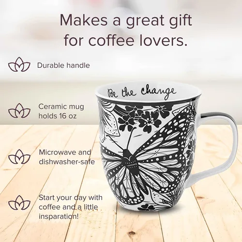 Vista 3 de Karma Taza bohemia de 16 onzas con diseño de mariposa y libélula en blanco y negro, bonita taza de café y té, cerámica, 16 onzas, redonda