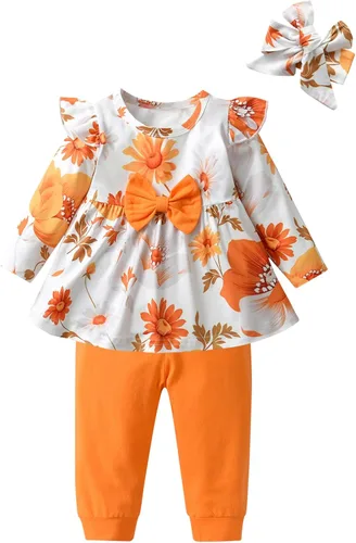 Vista 11 de Conjunto de 3 piezas de ropa para bebé niña, camiseta con volantes, camisa floral, pantalones y diadema Verde