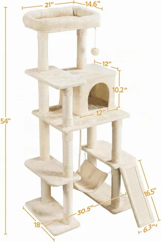 Vista 7 de Yaheetech - Torre de árbol para gatos grandes, condominio de varios niveles y hamaca de 54 pulgadas Beige