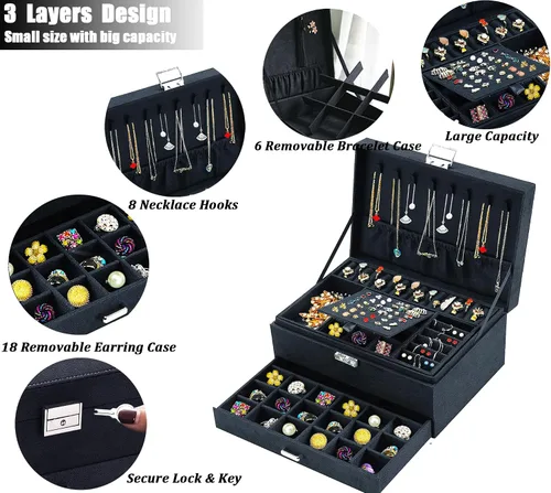 Vista 2 de Joyeros para mujer, organizador de joyas de terciopelo negro con cerradura, organizadores de joyas para adolescentes, organizador de joyas