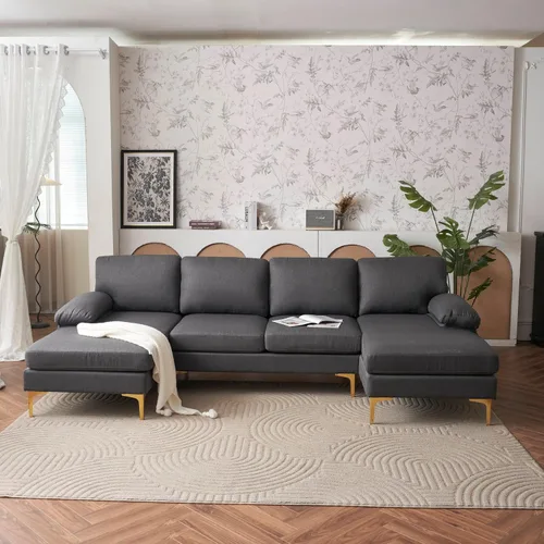 Vista 3 de Alexent Sofá seccional moderno en forma de U con diván doble, sofá de tela moderno con pies de latón para sala de estar, (gris oscuro)