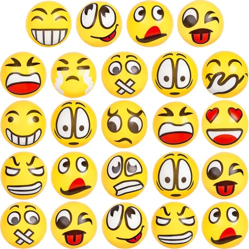 Vista 9 de LovesTown Mini bolas antiestrés, 36 bolas de 2 pulgadas con cara sonriente para apretar, color amarillo, divertidas, de espuma, juguetes