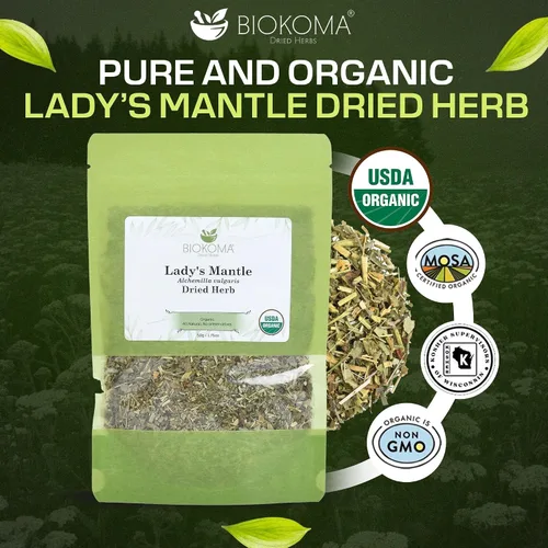 Vista 2 de Biokoma Hierba seca de manto de dama pura y orgánica, 1.76 oz (1.76 onzas) en bolsa resellable a prueba de humedad, certificado orgánico por USDA