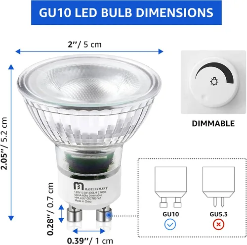 Vista 4 de MASTERY MART - Bombillas LED GU10, equivalentes a 50 W, 5,5 W regulables, cubierta de cristal completa, reflector de luz blanca suave de 2700 K