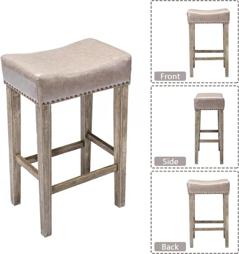Vista 8 de Juego de 4 taburetes de bar con asiento de silla de montar de 29 pulgadas, taburetes de bar de piel sintética, sillas de bar de madera con cabeza