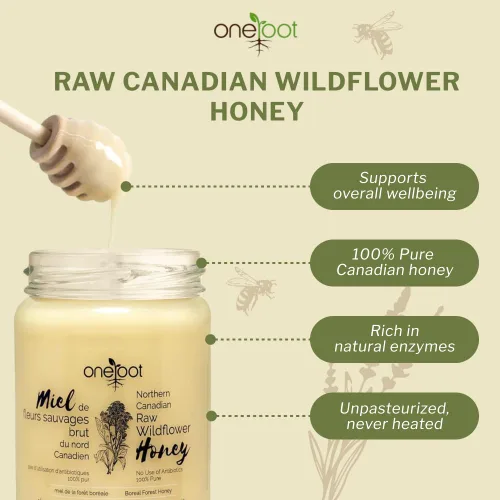 Vista 3 de Oneroot 100% miel de flores canadienses – 17.6 onzas/1.1 libras, miel silvestre sin filtrar, sin calentar y crema, miel de flores silvestres cruda
