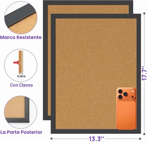 Vista 2 de 2 piezas tableros de corcho, tablero de anuncios de 17.7''x13.3'', tableros de corcho con marco negro para pared, tablero de corcho pequeño