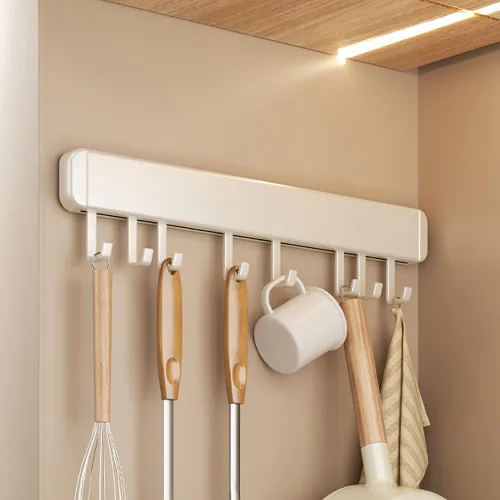 Vista 4 de Soporte para utensilios de cocina, ganchos de cocina, estantes para colgar utensilios de pared, autoadhesivo, debajo del gabinete, organizador