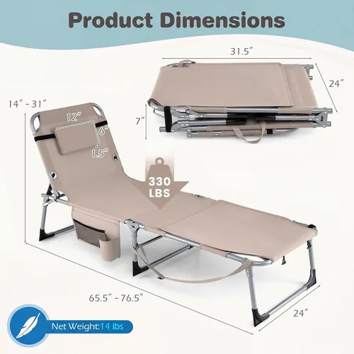 Vista 3 de Giantex Silla bronceadora, silla de playa de 330 libras con 5 posiciones ajustables, agujero para cara y brazo, correa para manos/hombros, almohada