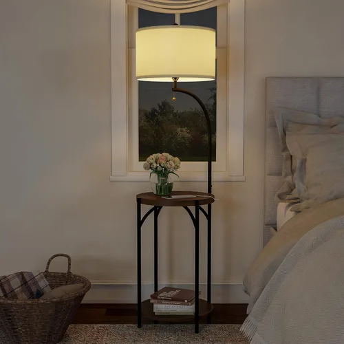 Vista 3 de Lámpara de pie con mesa auxiliar, estantes laterales rústicos modernos con puerto de carga USB, bombilla LED y pantalla en forma de tambor, luces