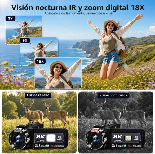Vista 3 de Videocámara, videocámara 8K de 48 MP 15FPS UHD con Wi-Fi, cámara para vlogging con visión nocturna IR para YouTube, pantalla táctil de 3" con zoom