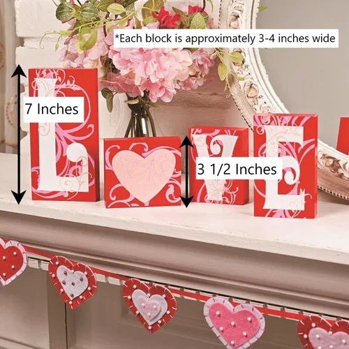 Vista 2 de Bloques de madera para San Valentín con la palabra "love", decoración del hogar, diseño rojo, rosa y blanco con dibujo de corazón, románticos