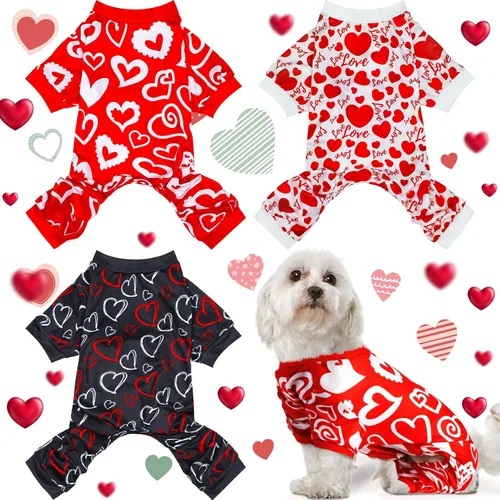 Vista 7 de Weewooday Pijama de 3 piezas para perro, conjunto de overol y overol para perro, ropa con patrón de corazón para cachorros y gatos (M