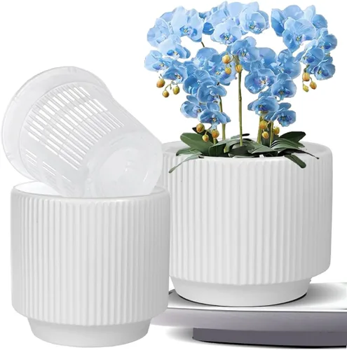 Vista 8 de MUZHI Macetero de cerámica blanca de doble capa con platillo, macetas de orquídeas con agujeros de 4.6 pulgadas, juego de 2, moderna maceta Blanco