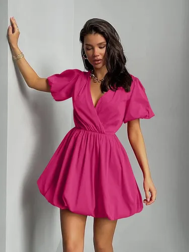 Vista 7 de PRETTYGARDEN Vestidos cortos de verano para mujer, estilo casual, manga abombada, cuello en V, volantes, color sólido, vestido acampanado