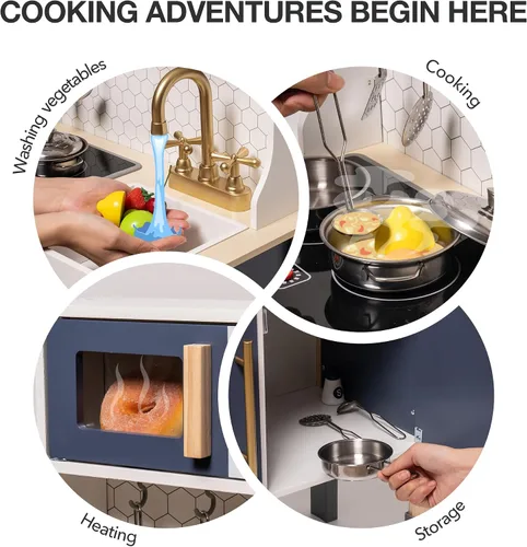 Vista 9 de ROBOTIME Cocina de Madera para Jugar, Juego de Cocina para Niños y Pequeñitos, Cocina de Juego para Niños con Luces y Sonidos, Cocina de Juguete Azul