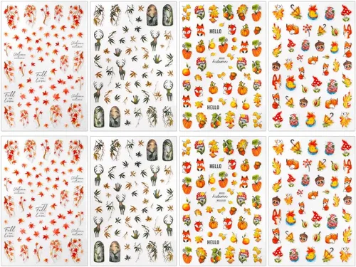 Vista 2 de Calcomanías de uñas de otoño 3D para mujer, hojas de arce de otoño, calcomanías de uñas para arte de uñas, dibujos animados, zorro, calabaza