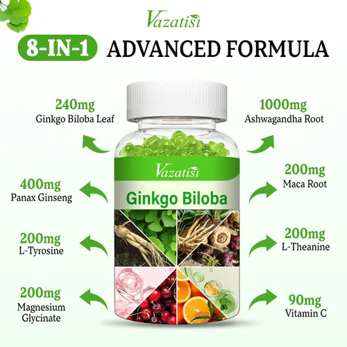 Vista 3 de Ginkgo Biloba - Gomitas de 240 mg con Panax Ginseng para un mejor estado de ánimo y concentración, mejora la salud cerebral, 60 gomitas veganas