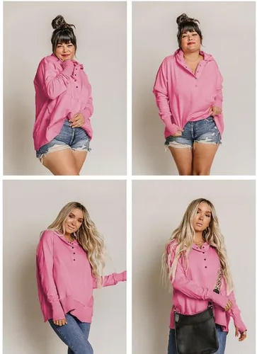 Vista 4 de SHEWIN Sudadera de gran tamaño para mujer, casual, con botones, cuello en V, con bolsillo