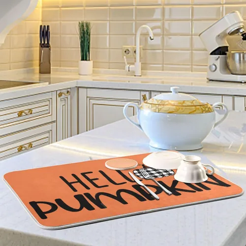 Vista 6 de Tapete de secado de platos naranja Hello Pumpkin para cocina, otoño, cosecha, tapete de secado de microfibra, absorbente y reversible, tapete grande