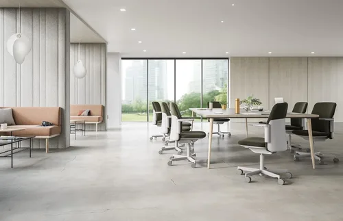 Vista 2 de Humanscale Path - Silla de trabajo para oficina en casa, brazos Duron ajustables, marco gris claro y tela de punto ecológico Formsense de acero azul