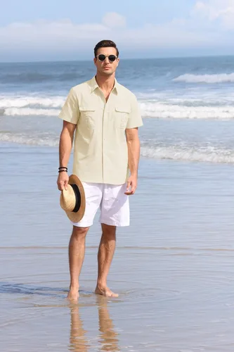 Vista 4 de Pengfei - Camisas lisas de manga corta para hombre, de linoalgodón, cuello clásico con botones
